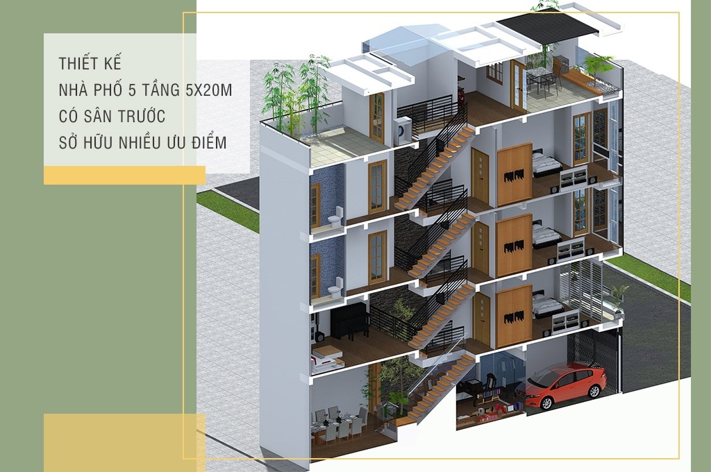 Thiết kế nhà phố 5 tầng 5x20m có sân trước sở hữu nhiều ưu điểm