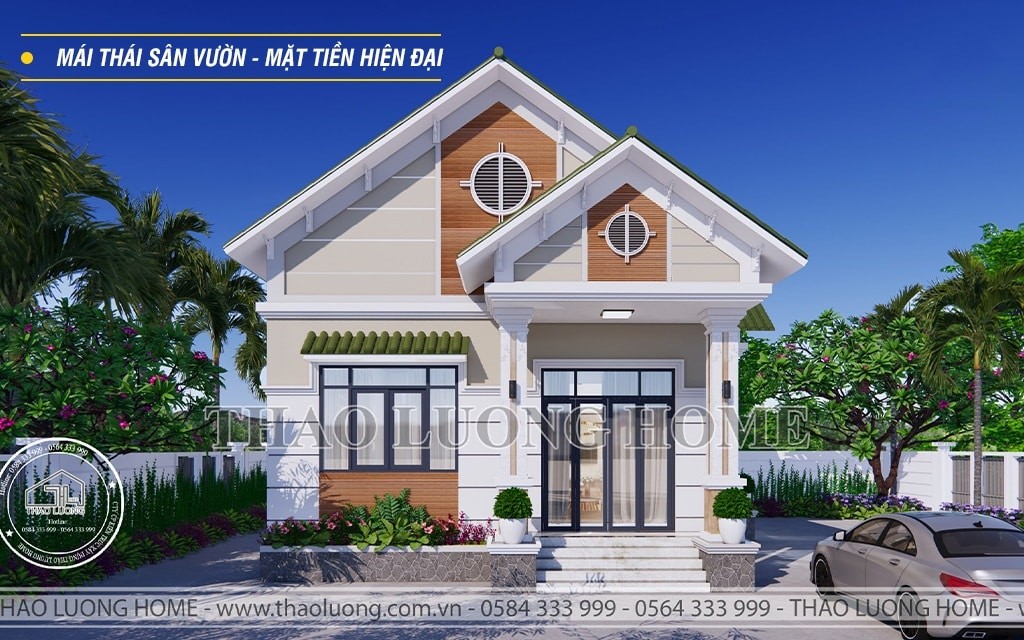 Nhà mái Thái sân vườn với mặt tiền nhà hiện đại